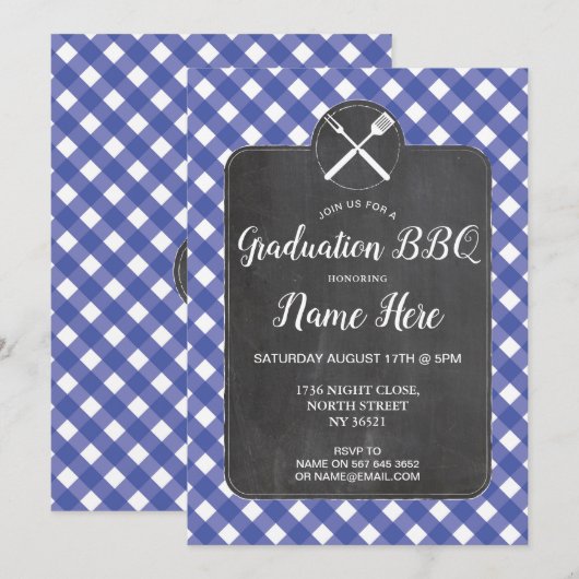 Graduation Party Invite Blue Gingham BBQ Chalk Kaart (Voorkant / Achterkant)