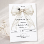 Graduation party ivory bow class of 2026 kaart<br><div class="desc">Celebrate your achievement with this elegant ivory bow graduation invitation. The design features a large,  sophisticated satin ribbon adorned with delicate pearl strings and a subtle mortarboard icon. It is the perfect choice for high school or college seniors looking for a feminine and chic announcement.</div>