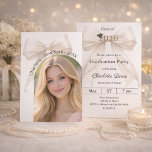 Graduation party ivory bow photo arch 2026 kaart<br><div class="desc">Celebrate your achievement with this elegant ivory bow graduation invitation. The design features a large, sophisticated satin ribbon adorned with delicate pearl strings and a subtle mortarboard icon. It is the perfect choice for high school or college seniors looking for a feminine and chic announcement. Add a photo to the...</div>