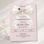 Graduation party ivory bow pink class of 2026 kaart<br><div class="desc">Celebrate your achievement with this elegant ivory bow graduation invitation. The design features a large,  sophisticated satin ribbon adorned with delicate pearl strings and a subtle mortarboard icon. Dusty,  blush pink background.  It is the perfect choice for high school or college seniors looking for a feminine and chic announcement.</div>