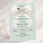 Graduation party ivory bow sage green 2026 kaart<br><div class="desc">Celebrate your achievement with this elegant ivory bow graduation invitation. The design features a large, sophisticated satin ribbon adorned with delicate pearl strings and a subtle mortarboard icon. A sage green colored background. It is the perfect choice for high school or college seniors looking for a feminine and chic announcement....</div>