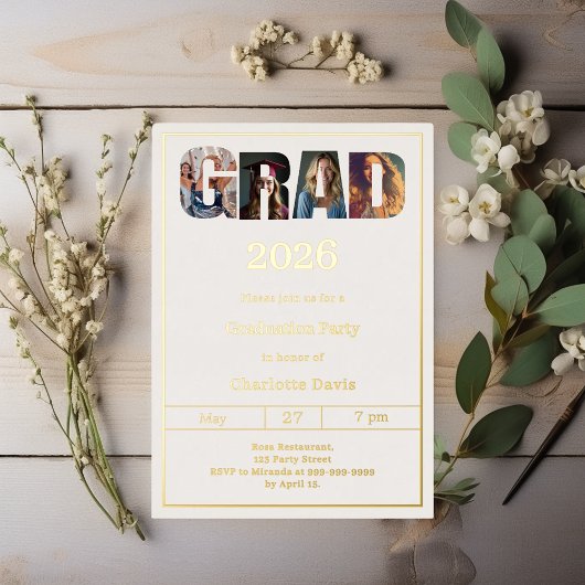 Graduation party ivory gold grad photo folie uitnodiging