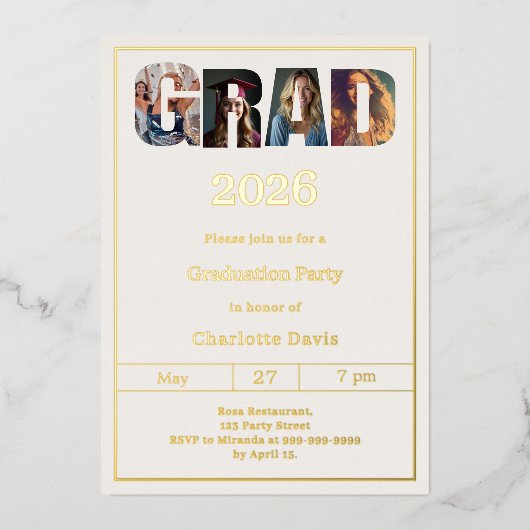 Graduation party ivory gold grad photo folie uitnodiging (Voorkant)