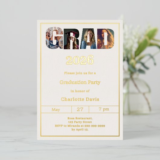 Graduation party ivory gold grad photo folie uitnodiging (Staand Voorkant)