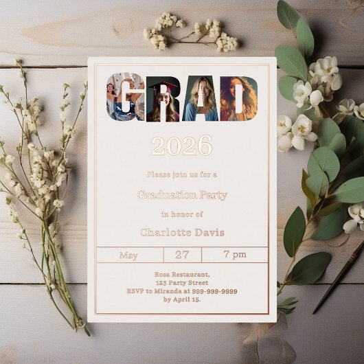 Graduation party ivory rose gold grad photo luxury folie uitnodiging
