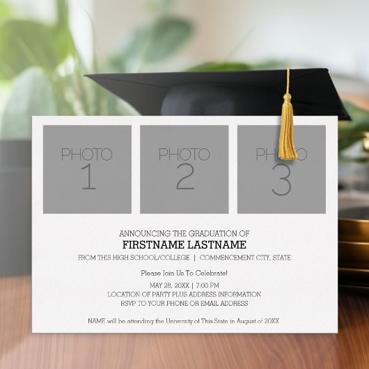 Graduation Party met 4 Foto's White en Gold Folie Uitnodiging