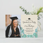 Graduation Party Mint Succulents Floral Photo Kaart (Staand voorkant)