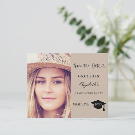 Graduation Party mocha beige Save the Date card (Staand voorkant)