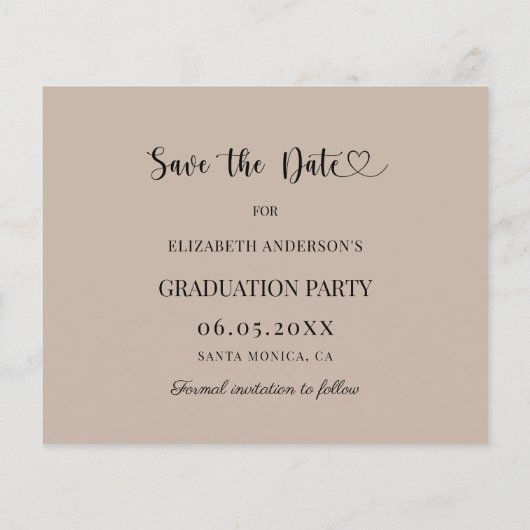 Graduation Party mocha beige Save the Date card (Achterkant)