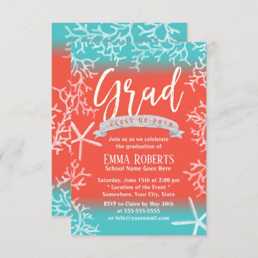 Graduation Party Modern Beach Coral Reef Starfish Kaart (Voorkant / Achterkant)