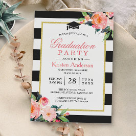 Graduation Party Modern Floral Black Stripes Kaart