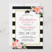 Graduation Party Modern Floral Black Stripes Kaart (Voorkant)
