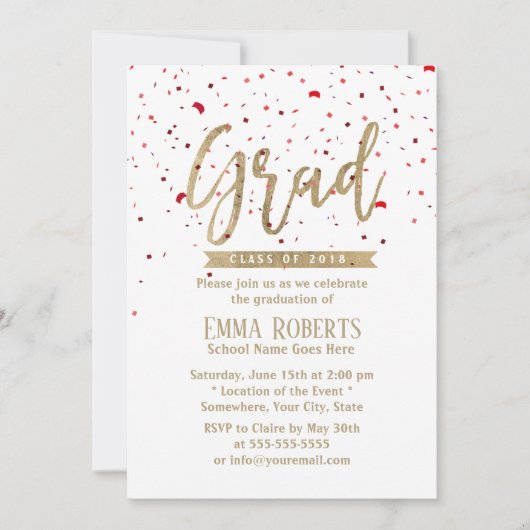 Graduation Party Modern Gold Script Red Confetti Kaart (Voorkant)