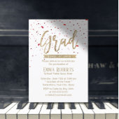 Graduation Party Modern Gold Script Red Confetti Kaart