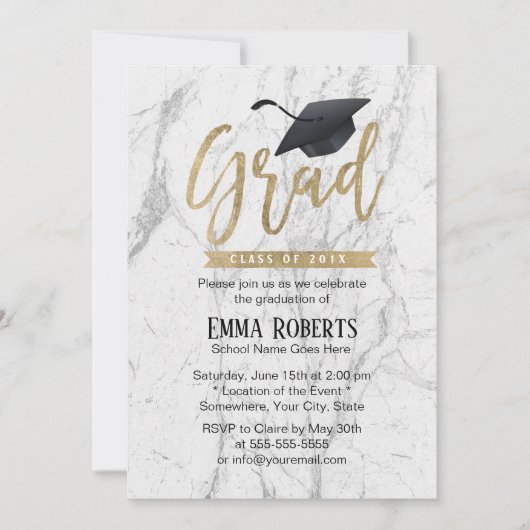 Graduation Party Modern Gold Script White Marble Kaart (Voorkant)