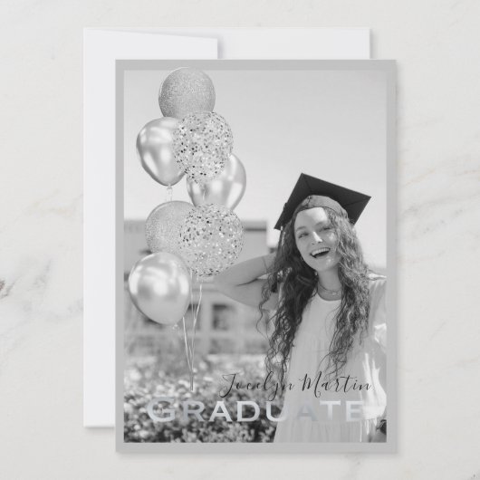 Graduation Party Modern Minimal Black Silver Photo Kaart (Achterkant)