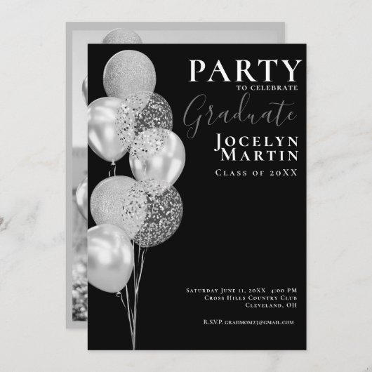 Graduation Party Modern Minimal Black Silver Photo Kaart (Voorkant / Achterkant)