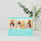Graduation Party Modern Script Teal Blue 3 Photo Uitnodiging Briefkaart (Staand voorkant)