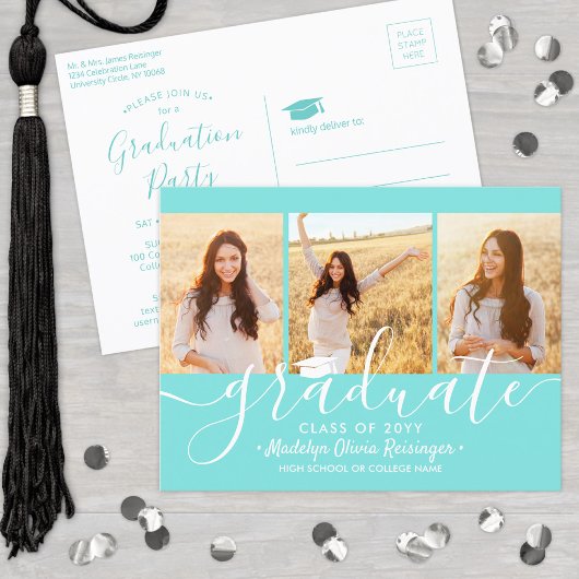 Graduation Party Modern Script Teal Blue 3 Photo Uitnodiging Briefkaart