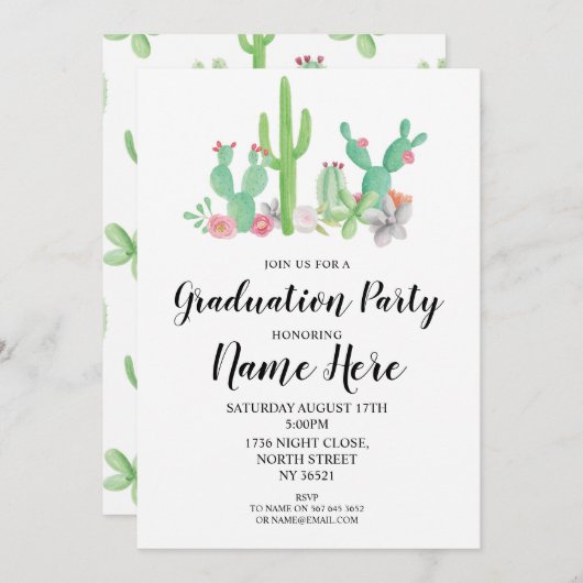 Graduation Party nodigt Cactus Waterverf Print uit Kaart (Voorkant / Achterkant)