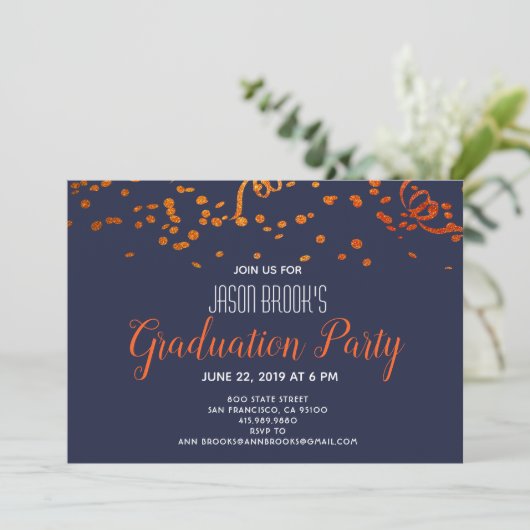 Graduation Party Oranje Gold Confetti Black Kaart (Staand voorkant)