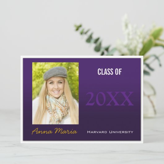 Graduation Party Paarse Photo Invitation Kaart (Staand voorkant)