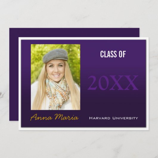 Graduation Party Paarse Photo Invitation Kaart (Voorkant / Achterkant)