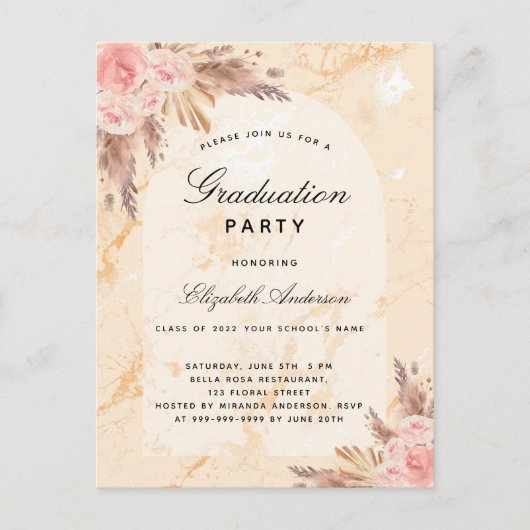 Graduation party pampas grasmarmer blush 2022 uitnodiging briefkaart (Voorkant)