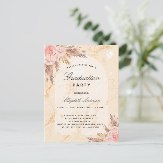 Graduation party pampas grasmarmer blush 2022 uitnodiging briefkaart (Staand voorkant)