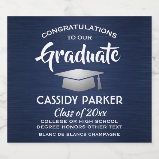 Graduation Party pensed Navy Blue White & Silver Sparkling Wijnetiket (Enkel label)