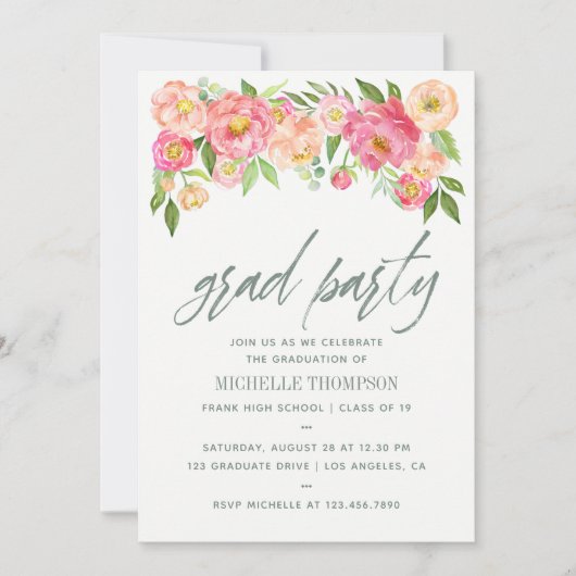 Graduation Party Peony bloemen-uitnodiging Kaart (Voorkant)