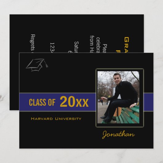 Graduation Party Photo Blue Invitation Kaart (Voorkant / Achterkant)