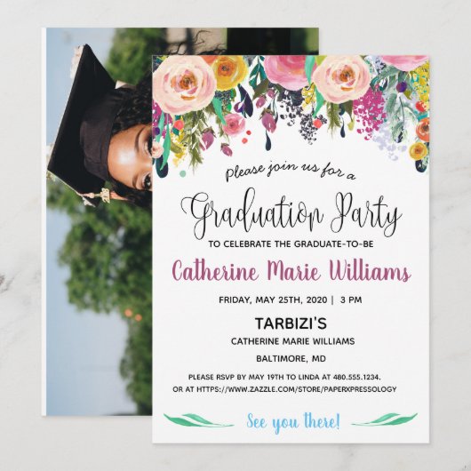 Graduation Party Photo Floral Invitation Kaart (Voorkant / Achterkant)