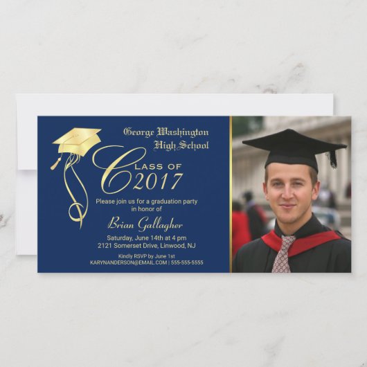 Graduation Party Photo Invitation with Gold Pet (Voorkant)