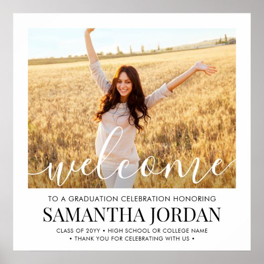 Graduation Party Photo White Script Square Welcome Poster (Voorkant)
