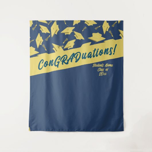 Graduation Party Photobooth Blauw Gouden Mortarboa Wandkleed (Voorkant)