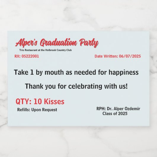 Graduation Party Prescription Label Voedselcontainer Etiket (Enkel label)