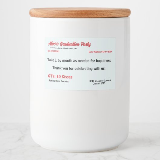 Graduation Party Prescription Label Voedselcontainer Etiket (Voorkant)