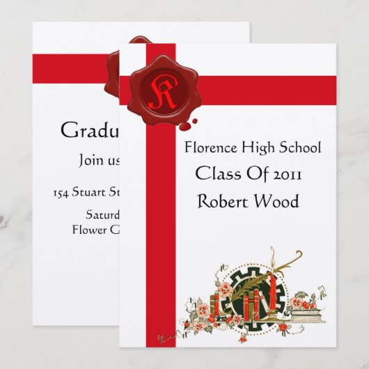 GRADUATION Party Red Wax Seal Monogram Kaart (Voorkant / Achterkant)