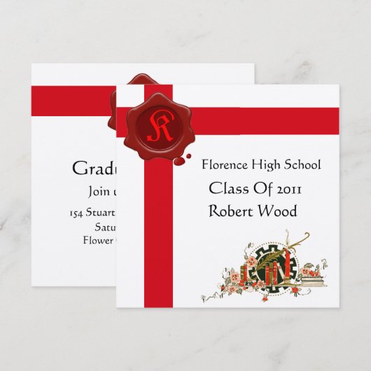 GRADUATION Party Red Wax Seal Monogram Kaart (Voorkant / Achterkant)