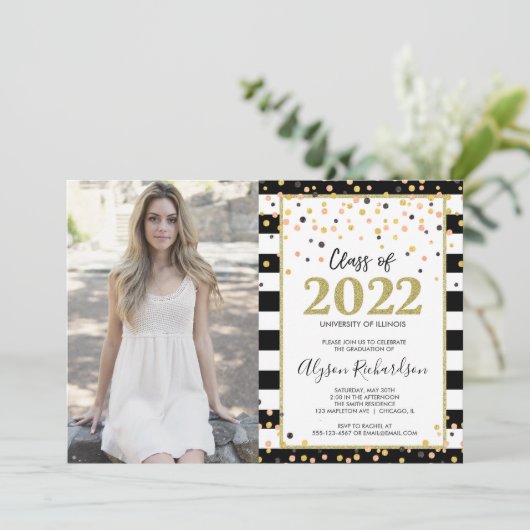 Graduation party roos gouden zwarte witte foto inv kaart (Staand voorkant)