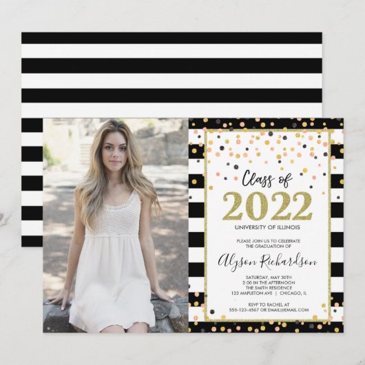 Graduation party roos gouden zwarte witte foto inv kaart (Voorkant / Achterkant)