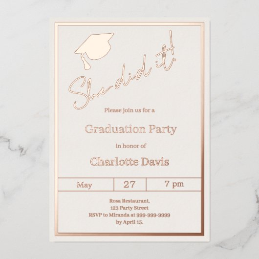 Graduation party rose gold luxury She did it Folie Uitnodiging (Voorkant)