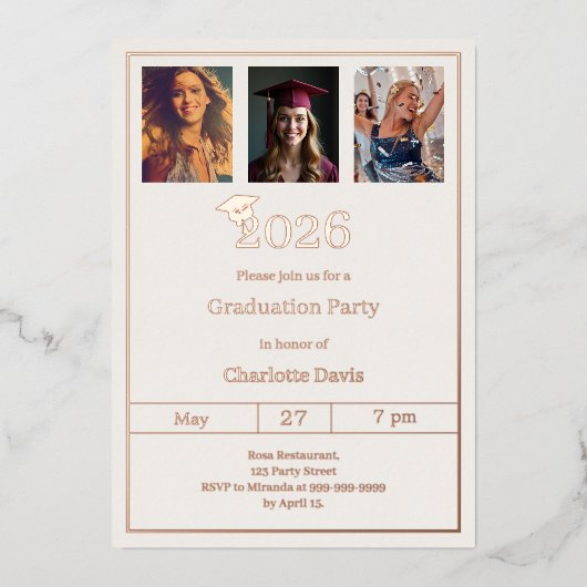 Graduation party rose gold photo luxury folie uitnodiging (Voorkant)