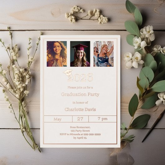 Graduation party rose gold photo luxury folie uitnodiging