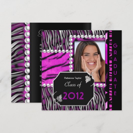 Graduation Party roze Black Silver Leopard Zebra Kaart (Voorkant / Achterkant)