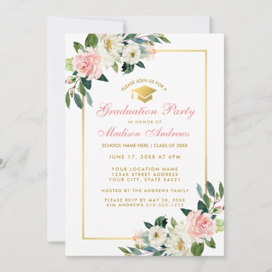 Graduation Party roze Floral Gold Invitation GP Kaart (Voorkant)