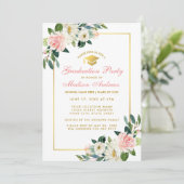 Graduation Party roze Floral Gold Invitation GP Kaart (Staand voorkant)