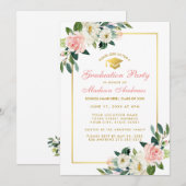 Graduation Party roze Floral Gold Invitation GP Kaart (Voorkant / Achterkant)