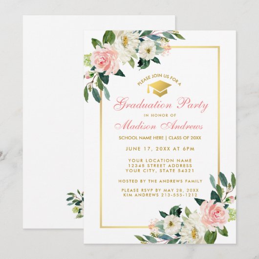 Graduation Party roze Floral Gold Invitation GP Kaart (Voorkant / Achterkant)